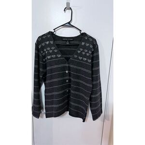 Adrienne Vittadini Women's Striped Wool Blend Cardigan Sweater Black White XL